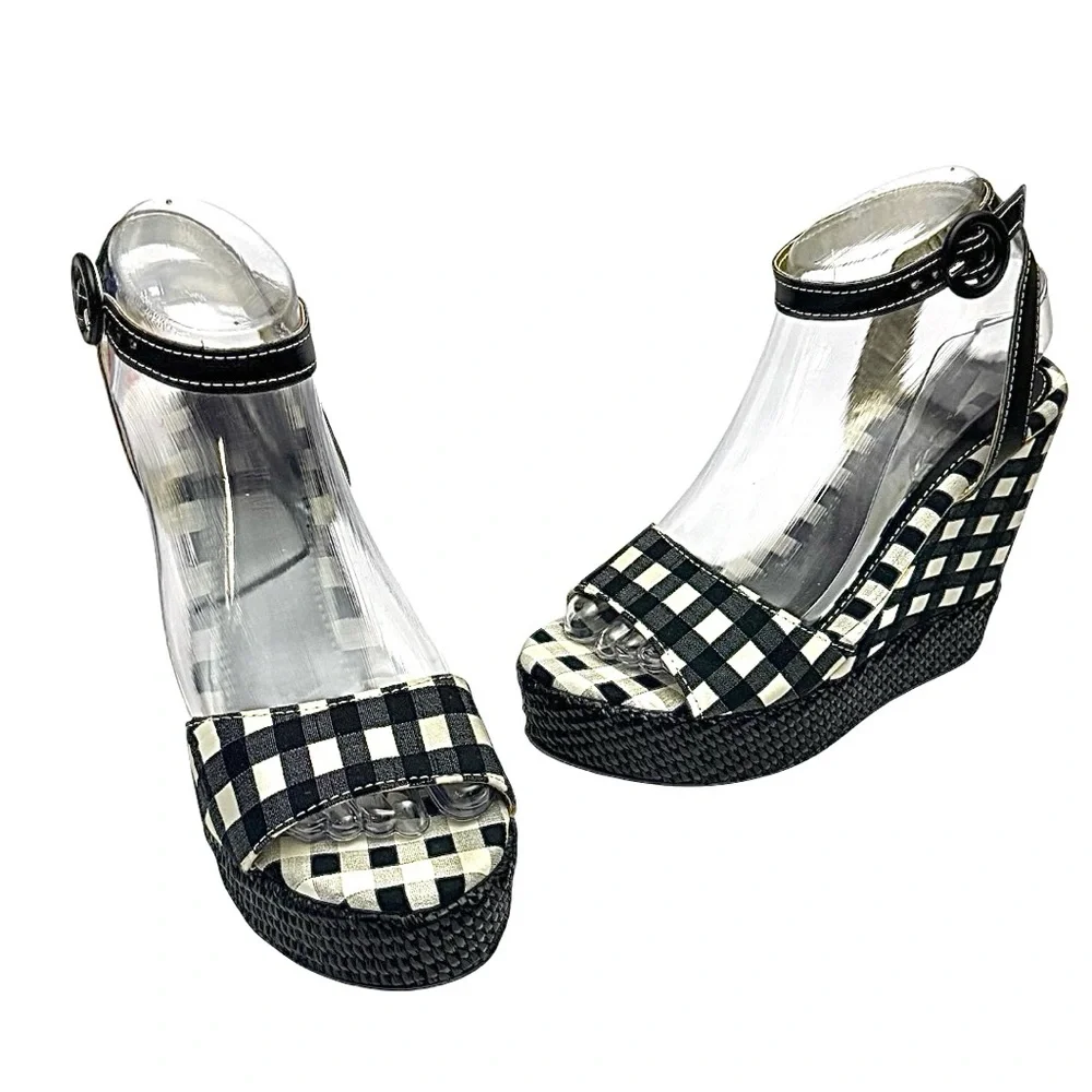 Save The Queen Wedge Sandals Black White Fabric Checks EU 37 US 7 Made In Italy